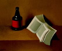"La bouteille rouge et noire,livre gris", 1990, huile sur toile, 60 x 73 cm.